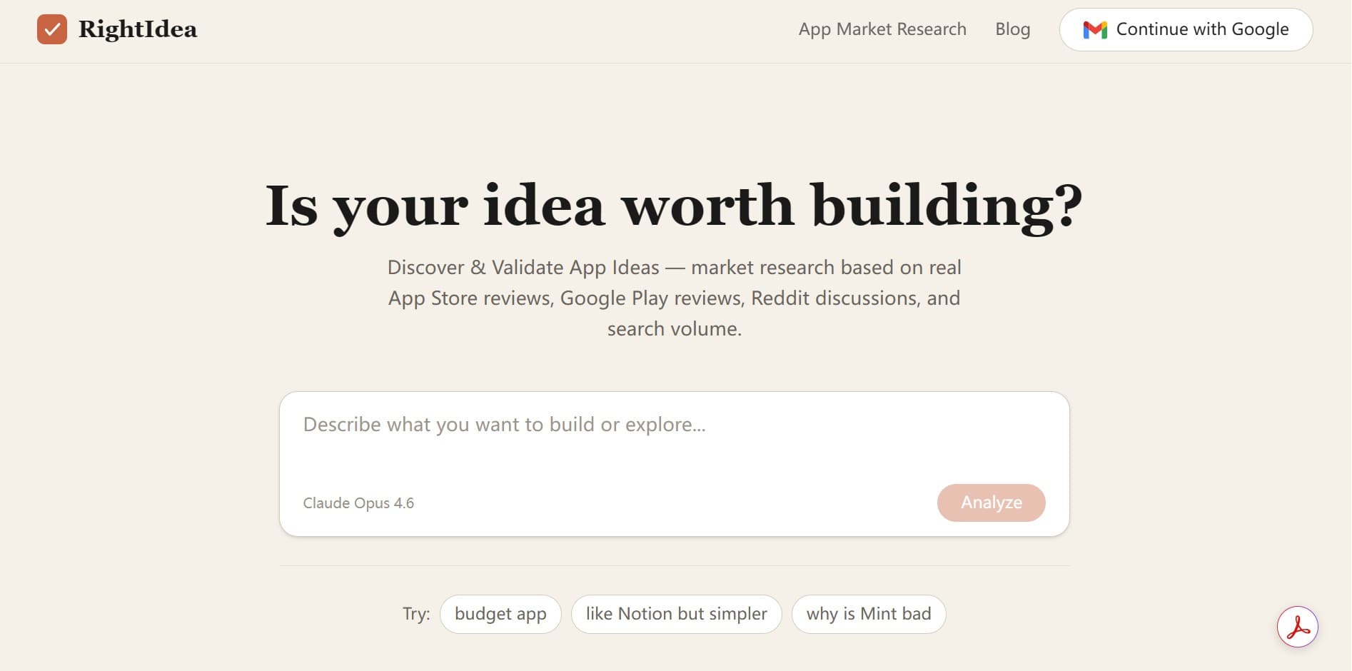 RightIdea landing page — enter your app idea and click Analyze to start data-driven market research